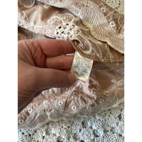 LuPruia Tan Cream Floral Embroidered Eyelet Cotton Button Front Dress Sz L Pleat - Picture 12 of 12
